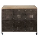 Buffet Wayne style industriel, 6 portes en métal et sapin sur roulette