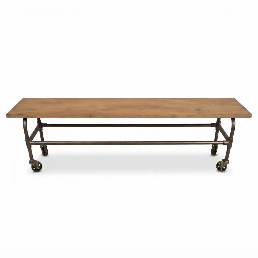 Banc en bois et pieds imitation métal avec roulettes