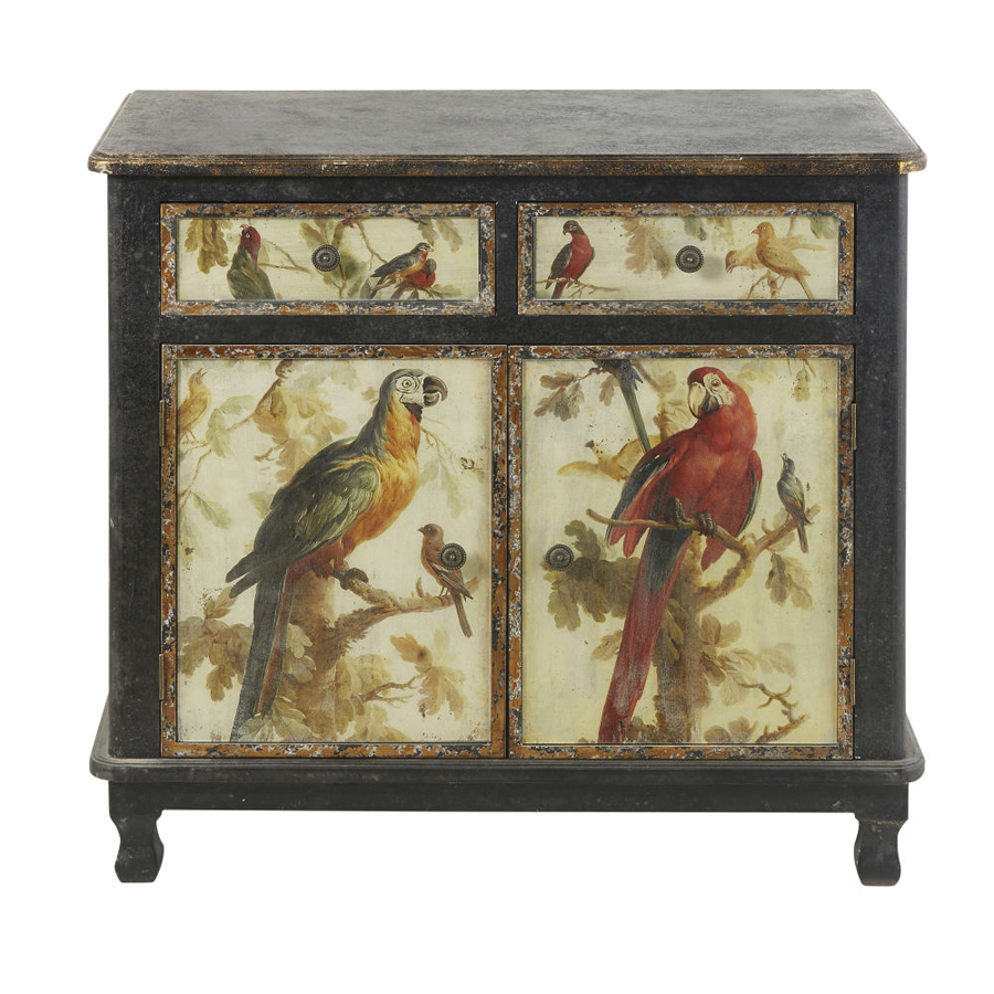 Buffet Perroquet 2 portes 2 tiroirs noir et imprimé perroquets