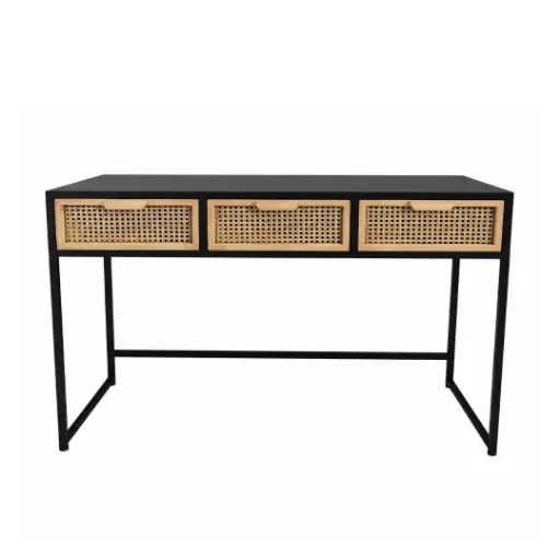 [BESL501] Console AVENSIS 3 tiroirs en métal noir et rotin naturel