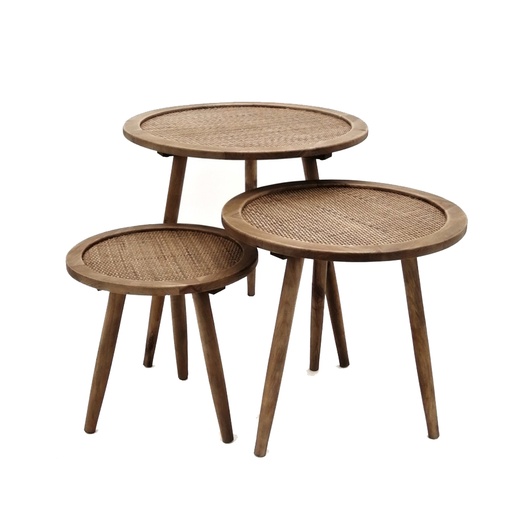 [BESKA100] Triplet de table ou sellettes en bois et rotin naturel