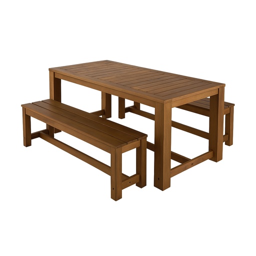 [CN013907] Ensemble table Bréhat et bancs de jardin en bois noyer de jardin