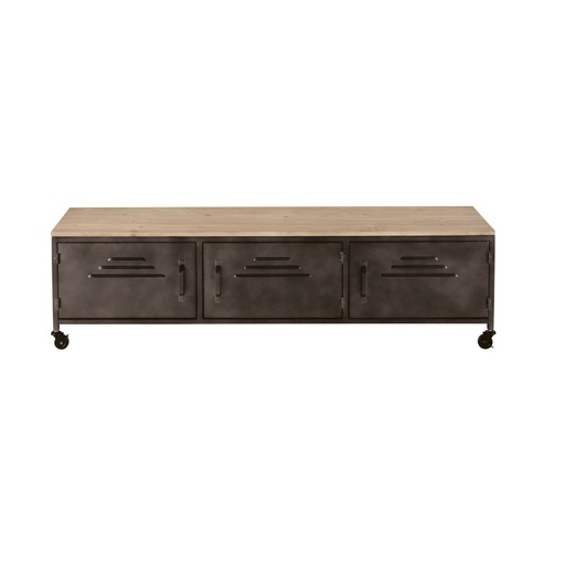 [CN520945] Meuble TV Wayne 3 portes à roulettes en métal gris et sapin massif