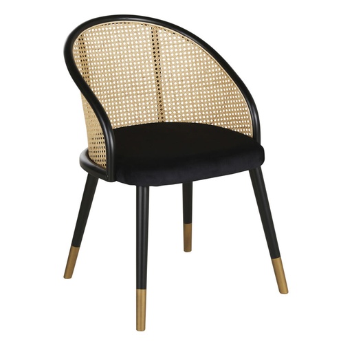 [CN721998] Chaise en velours noir cannage en rotin  Sockette avec accoudoirs