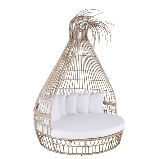 [CN623830] Bain de soleil Lioseta double rond en résine tressée imitation rotin et coussins écrus