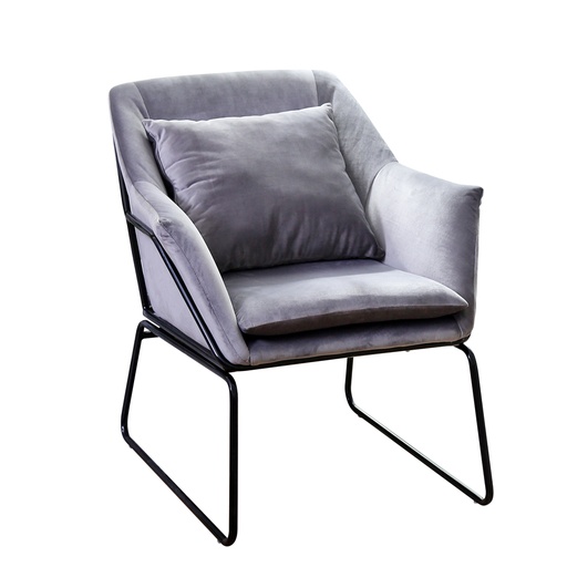 [KEN102012CV] Fauteuil Iris en velours gris, pieds métal noir