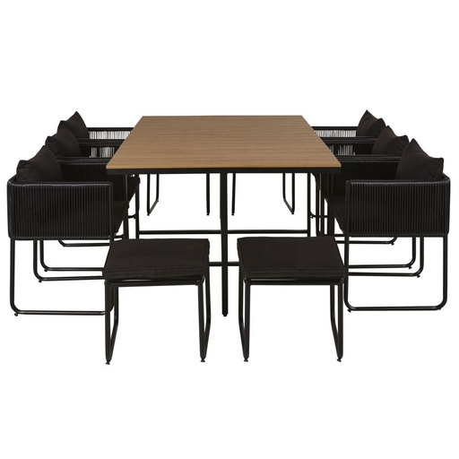 [CN121931] Ensemble table Swann en composite imitation teck 6/10 personnes avec fauteuils et tabourets en résine noire de jardin