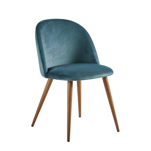 [CN121007] MAURICETTE - Chaise vintage en velours bleu paon et métal imitation chêne