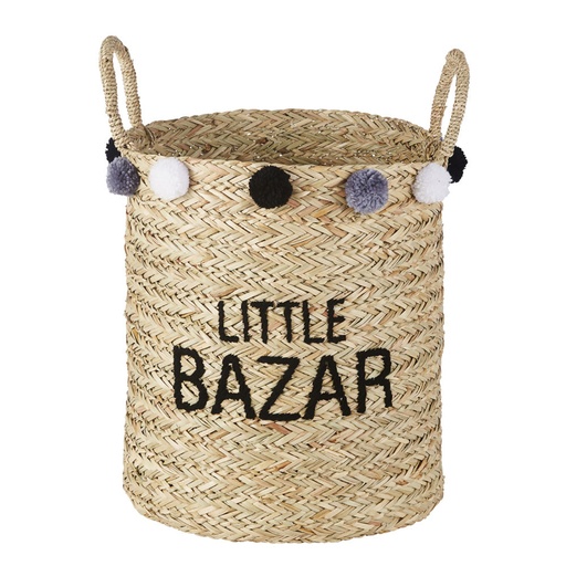[CN821586] Panier Bazar enfant en fibre végétale avec pompons gris