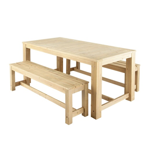 [CN222946] BREHAT - Ensemble table en sapin et 2 bancs de jardin