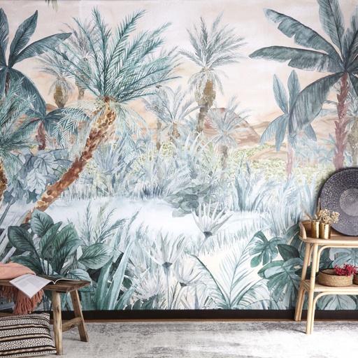 [CN122462] Papier peint Tanger panoramique intissé imprimé jungle verte, rose et marron