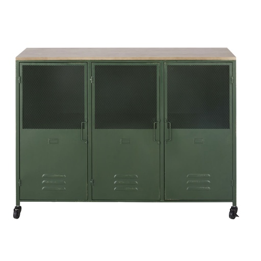 [CN123417] Buffet style industriel Chilham 3 portes en bois de sapin et métal vert à roulettes