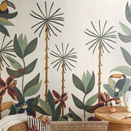 [CN323245] JULIA - Papier peint panoramique intissé imprimé jungle beige, bleu, vert et rouge