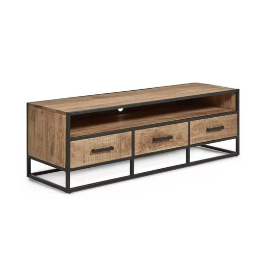 [KEN301015] Meuble TV Madurai en bois manguier 3 tiroirs et métal