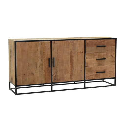 [KEN301017] Buffet Madurai en manguier 2 portes et métal 3 tiroirs