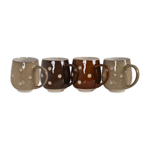 [OPJ016912] Set de 4 mugs Flower en grès taupe, marron et chocolat à fleurs