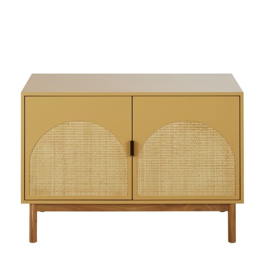 [CN223790] Buffet Tarifa vintage 2 portes jaune ocre et cannage en rotin