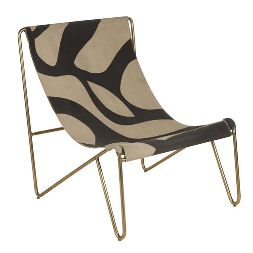 [CN123011] Fauteuil Kouba en toile motif noir et beige, pieds laiton