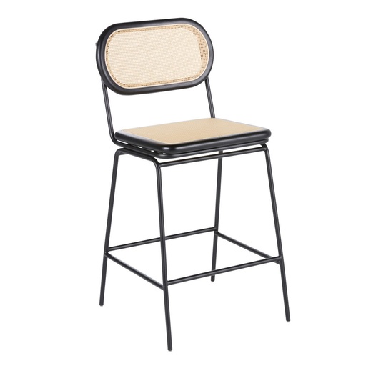 [CN323877] Chaise de bar Alba pour îlot central en acier noir et bois de bouleau avec rotin synthétique