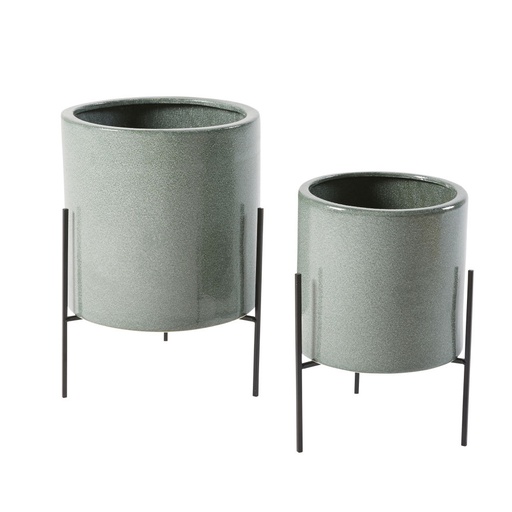 [CN618940] 2 cache-pots Kensington en céramique verte et métal noir H43