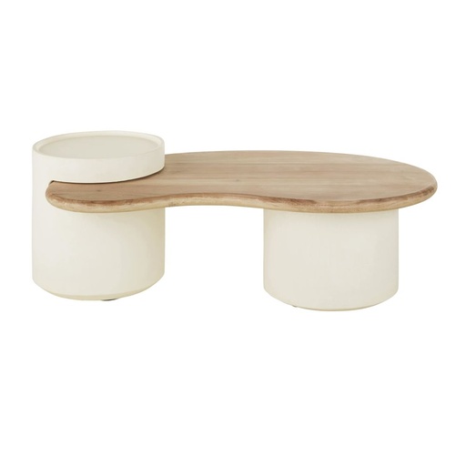 [CN523090] Table basse Sartene blanche avec plateau en bois de manguier