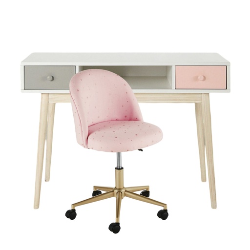 [CN815025M] Ensemble Chaise et bureau vintage Blush blanc 2 tiroirs gris et rose