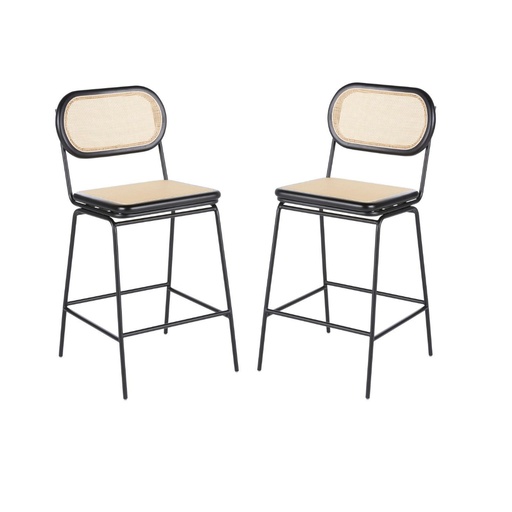[CN323877M] Lots 2 Chaises de bar Alba pour îlot central en acier noir et bois de bouleau avec rotin synthétique