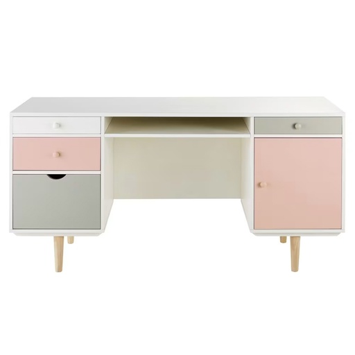 [CN820635] Bureau 1 porte 4 tiroirs blush blanc, gris et rose