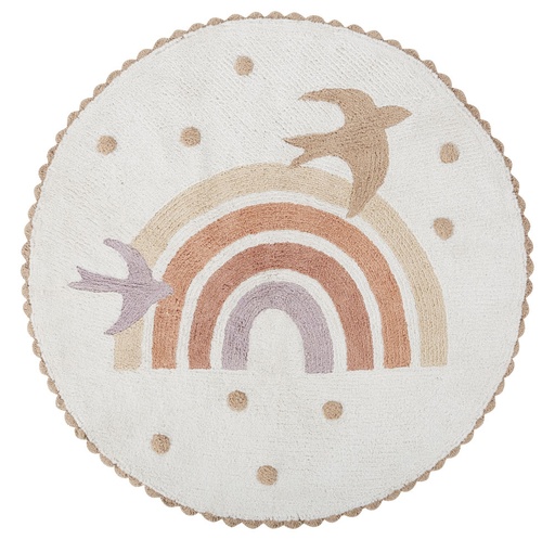 [CN123415] Tapis Rainbow enfant rond en coton recyclé tufté imprimé arc-en-ciel et oiseaux D120