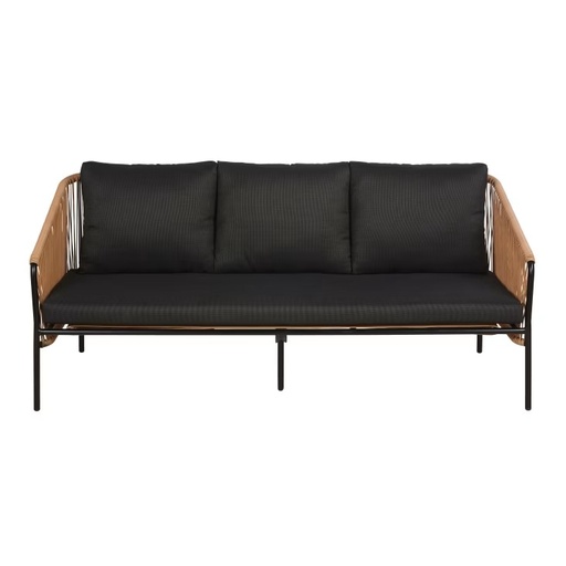[CN924591] Canapé de jardin Arun 3 places en résine beige, métal noir avec coussins noir