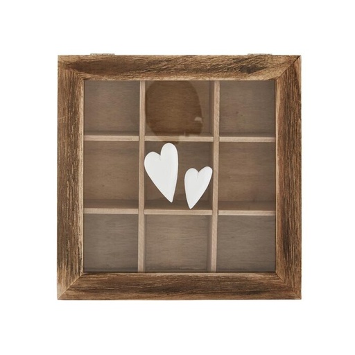 [COUXJ162] Boîte en bois dessus vitré avec 2 cœurs blancs 9 compartiments