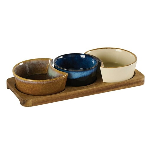 [COUCB133] Set de 3 ramequins ronds en grès blanc bleu sur plateau acacia