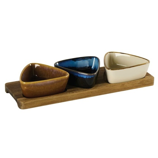 [COUCB132] set de 3 ramequins triangulaires en grès blanc bleu  sur plateau acacia