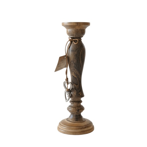 [COUNC185] Bougeoir en bois dessus métal noir, lien en cuir marron GM
