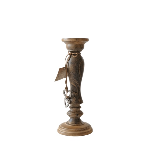 [COUNC184] Bougeoir en bois dessus métal noir, lien en cuir marron PM