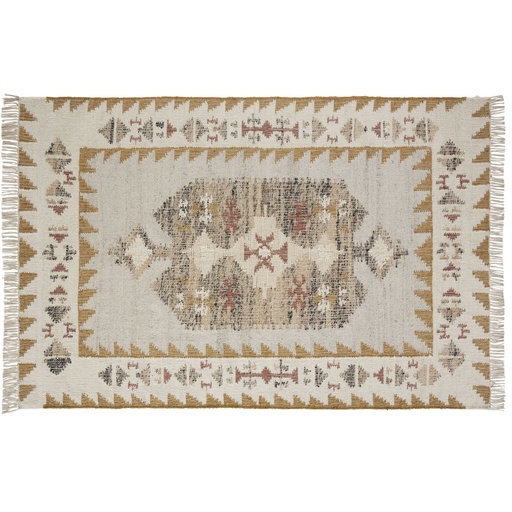 [CN723511] Tapis kilim Satara en jute, laine et coton tissés motifs ethniques multicolores à franges 160x230