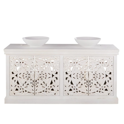 [CN119903] Meuble double vasque Kerala en manguier massif blanc effet vieilli