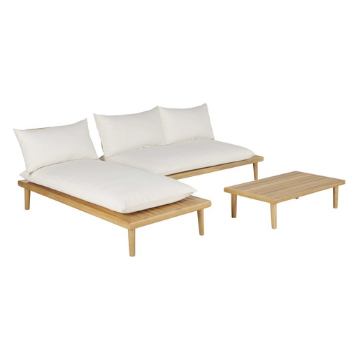 [CN223029] Salon de jardin Acacio 3 places en bois d'acacia massif et coussins en tissu recyclé écru