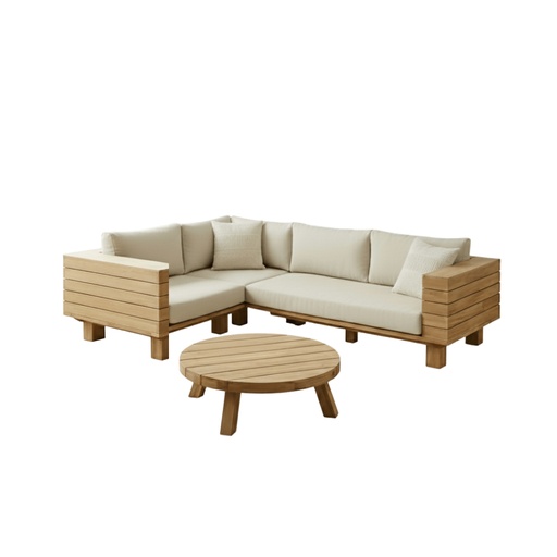 [CN723028] Salon de jardin Kazachok en toile recyclée beige 4 places et acacia massif blanchi