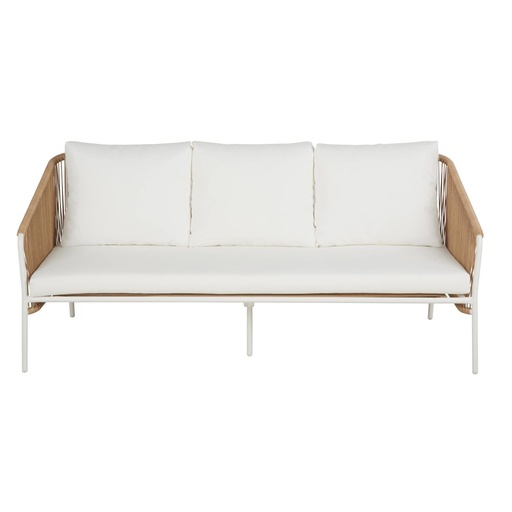 [CN124592] Canapé de jardin Arun 3 places en résine beige, métal blanc avec coussins
