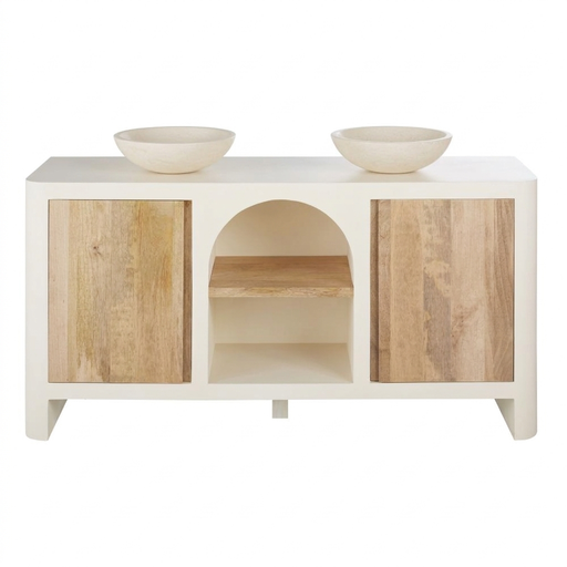 [CN923091M] Meuble 2 vasques Sartene en bois de manguier beige et blanc crème