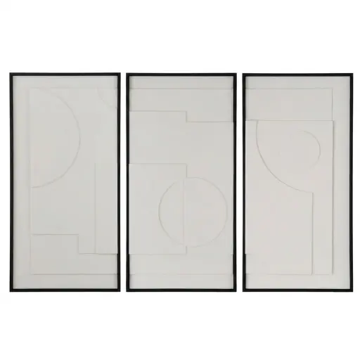 [CN924986M] Toiles Hebi triptyques abstraites en caisse noire à reliefs écrus 180x120