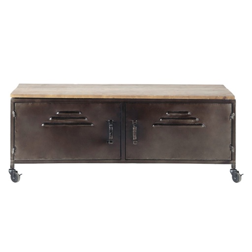 [CN313875] Meuble TV Wayne indus à roulettes 2 portes en métal et sapin