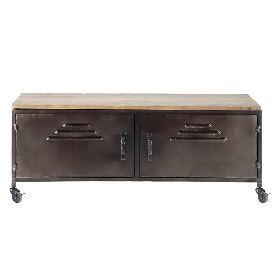 [CN313875] Meuble TV Wayne indus à roulettes 2 portes en métal et sapin